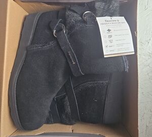 BearPaw Black Suede Boots with Fur Trim Arielle